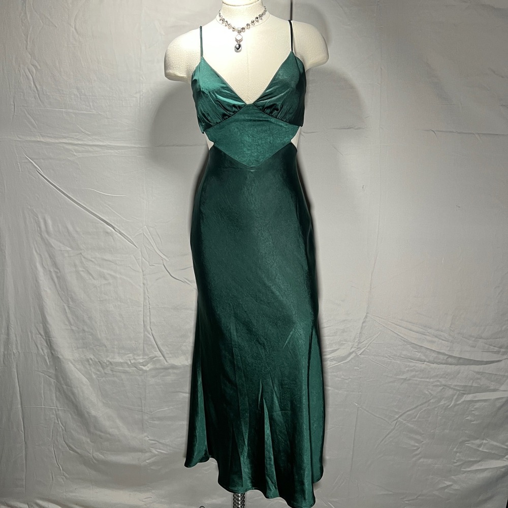 Here Comes The Sun Emerald Green Satin Midi Slip Dress Size S Cutout Cocktail - Picture 14 of 16
